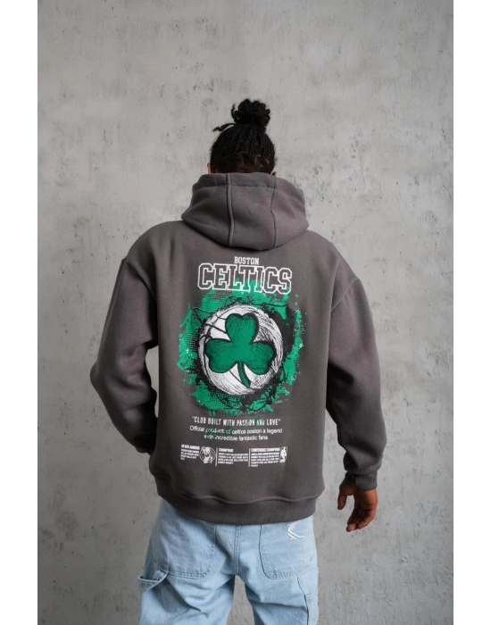 Erkek 3 İplik Pamuklu Kapüşonlu Baskılı Cepli Oversize Sweatshirt Hoodie - Gri