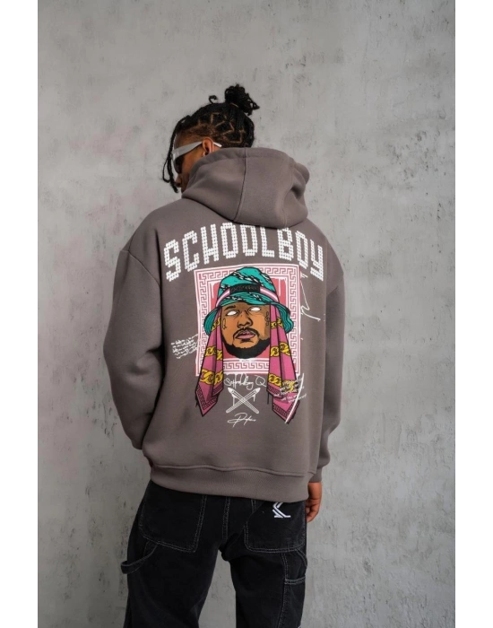 Erkek 3 İplik Pamuklu Kapüşonlu Baskılı Cepli Oversize Sweatshirt Hoodie - Gri