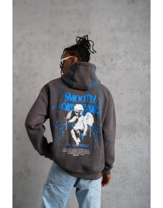 Erkek 3 İplik Pamuklu Kapüşonlu Baskılı Cepli Oversize Sweatshirt Hoodie - Gri