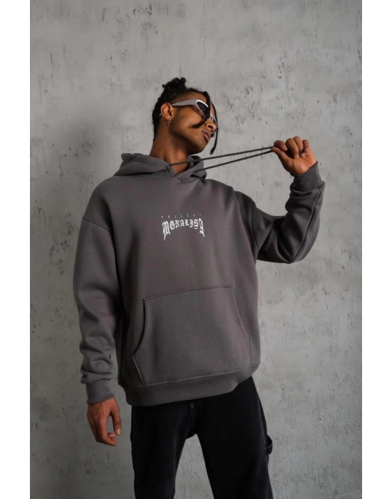 Erkek 3 İplik Pamuklu Kapüşonlu Baskılı Cepli Oversize Sweatshirt Hoodie - Gri