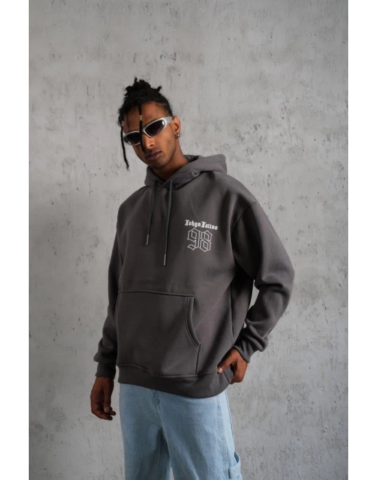 Erkek 3 İplik Pamuklu Kapüşonlu Baskılı Cepli Oversize Sweatshirt Hoodie - Gri