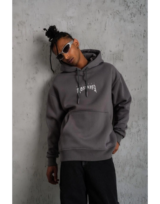 Erkek 3 İplik Pamuklu Kapüşonlu Baskılı Cepli Oversize Sweatshirt Hoodie - Gri