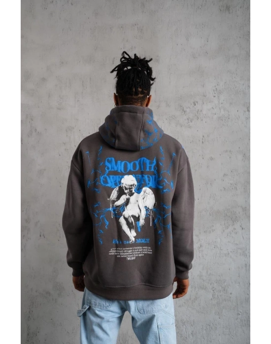 Erkek 3 İplik Pamuklu Kapüşonlu Baskılı Cepli Oversize Sweatshirt Hoodie - Gri