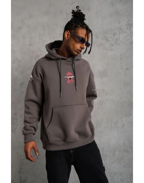 Erkek 3 İplik Pamuklu Kapüşonlu Baskılı Cepli Oversize Sweatshirt Hoodie - Gri