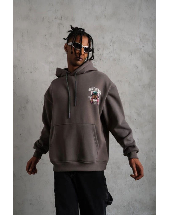Erkek 3 İplik Pamuklu Kapüşonlu Baskılı Cepli Oversize Sweatshirt Hoodie - Gri