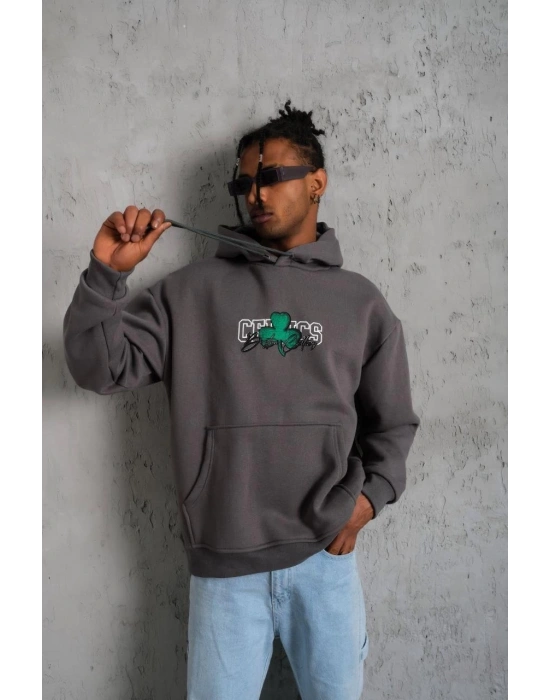 Erkek 3 İplik Pamuklu Kapüşonlu Baskılı Cepli Oversize Sweatshirt Hoodie - Gri