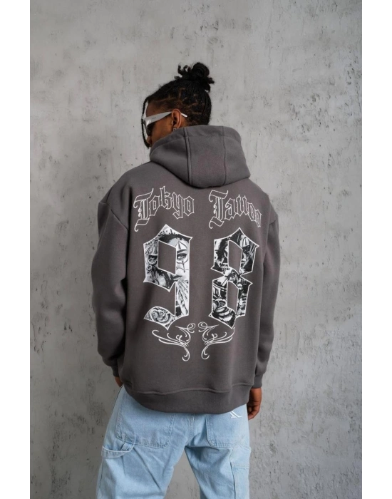 Erkek 3 İplik Pamuklu Kapüşonlu Baskılı Cepli Oversize Sweatshirt Hoodie - Gri