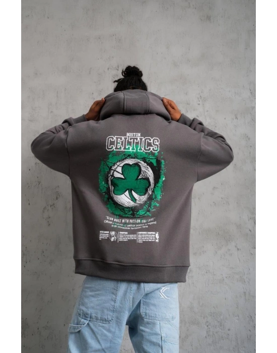 Erkek 3 İplik Pamuklu Kapüşonlu Baskılı Cepli Oversize Sweatshirt Hoodie - Gri