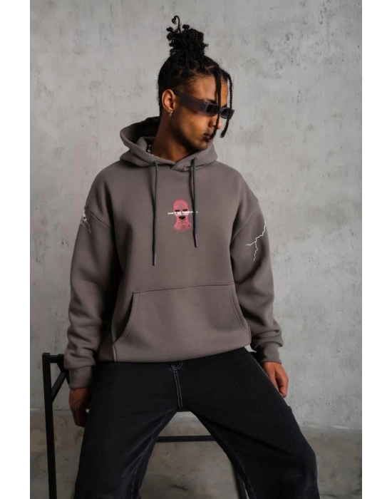 Erkek 3 İplik Pamuklu Kapüşonlu Baskılı Cepli Oversize Sweatshirt Hoodie - Gri