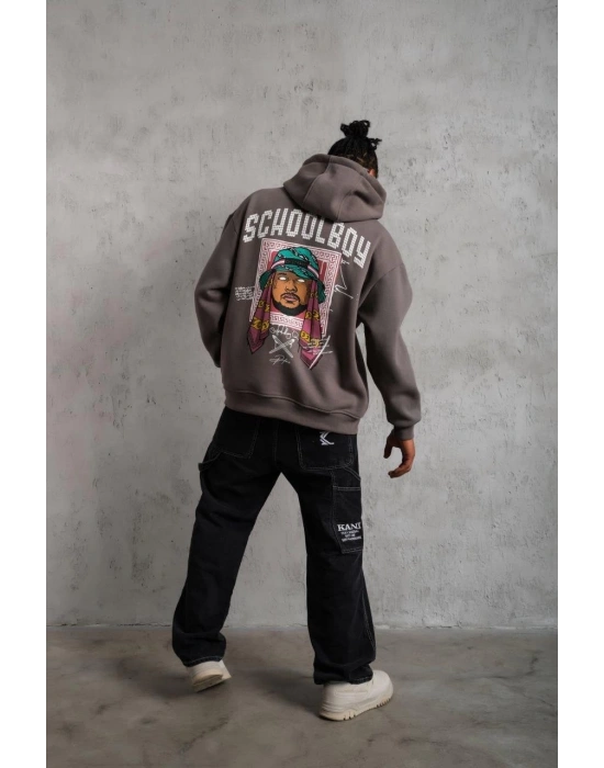 Erkek 3 İplik Pamuklu Kapüşonlu Baskılı Cepli Oversize Sweatshirt Hoodie - Gri