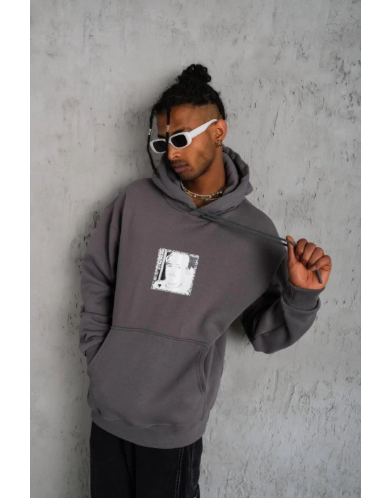 Erkek 3 İplik Pamuklu Kapüşonlu Baskılı Cepli Oversize Sweatshirt Hoodie - Gri