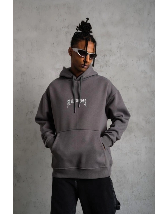 Erkek 3 İplik Pamuklu Kapüşonlu Baskılı Cepli Oversize Sweatshirt Hoodie - Gri