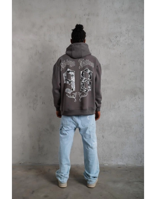 Erkek 3 İplik Pamuklu Kapüşonlu Baskılı Cepli Oversize Sweatshirt Hoodie - Gri