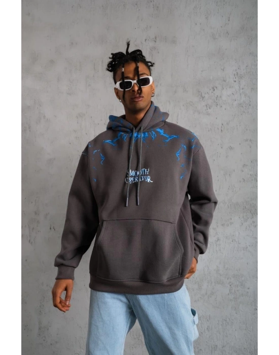 Erkek 3 İplik Pamuklu Kapüşonlu Baskılı Cepli Oversize Sweatshirt Hoodie - Gri