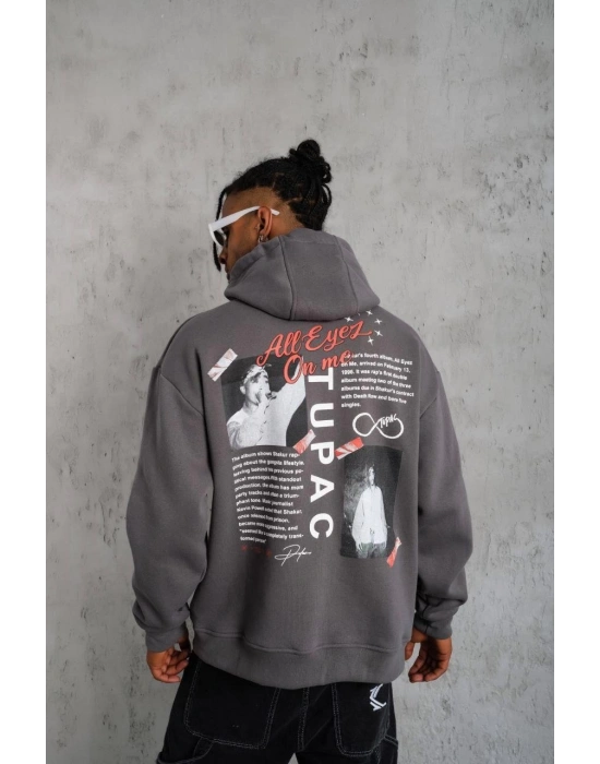 Erkek 3 İplik Pamuklu Kapüşonlu Baskılı Cepli Oversize Sweatshirt Hoodie - Gri