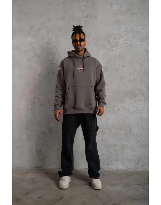 Erkek 3 İplik Pamuklu Kapüşonlu Baskılı Cepli Oversize Sweatshirt Hoodie - Gri