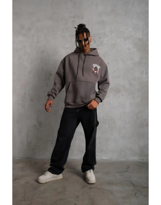 Erkek 3 İplik Pamuklu Kapüşonlu Baskılı Cepli Oversize Sweatshirt Hoodie - Gri