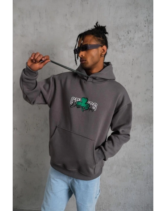 Erkek 3 İplik Pamuklu Kapüşonlu Baskılı Cepli Oversize Sweatshirt Hoodie - Gri