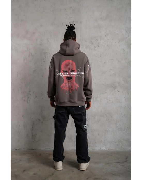 Erkek 3 İplik Pamuklu Kapüşonlu Baskılı Cepli Oversize Sweatshirt Hoodie - Gri