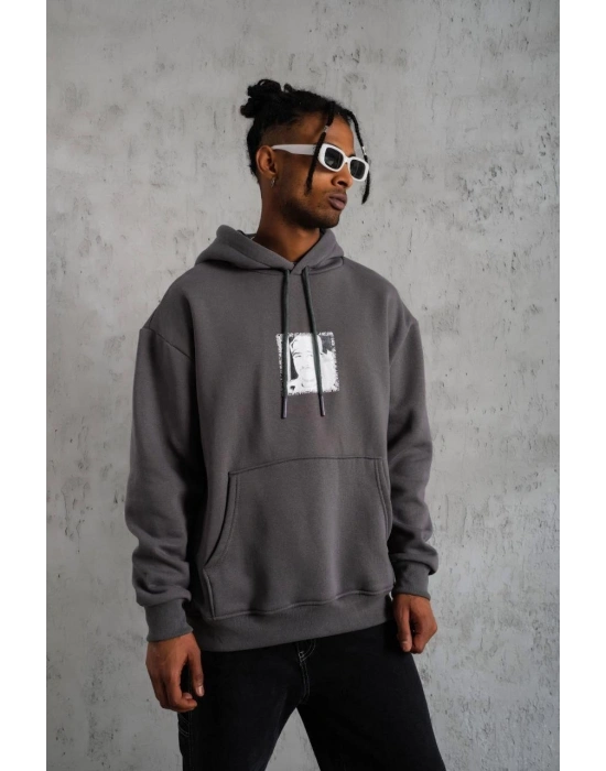 Erkek 3 İplik Pamuklu Kapüşonlu Baskılı Cepli Oversize Sweatshirt Hoodie - Gri