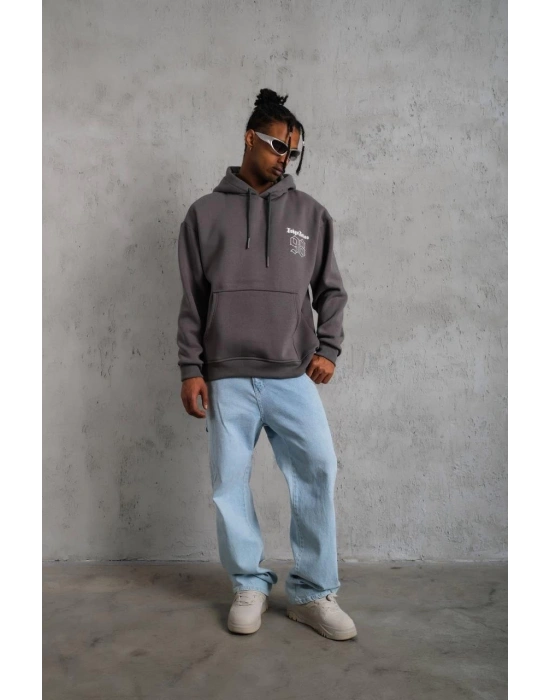 Erkek 3 İplik Pamuklu Kapüşonlu Baskılı Cepli Oversize Sweatshirt Hoodie - Gri