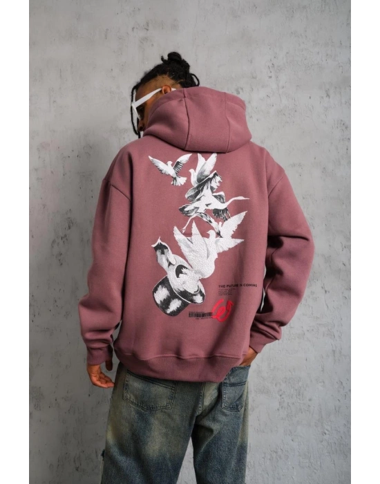 Erkek 3 İplik Pamuklu Kapüşonlu Baskılı Cepli Oversize Sweatshirt Hoodie - Gül Kurusu