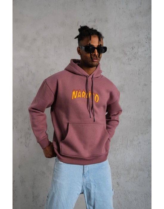 Erkek 3 İplik Pamuklu Kapüşonlu Baskılı Cepli Oversize Sweatshirt Hoodie - Gül Kurusu