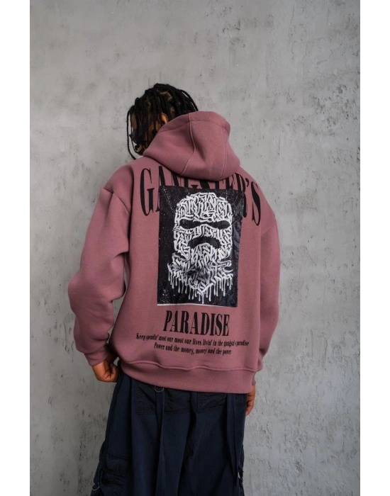 Erkek 3 İplik Pamuklu Kapüşonlu Baskılı Cepli Oversize Sweatshirt Hoodie - Gül Kurusu