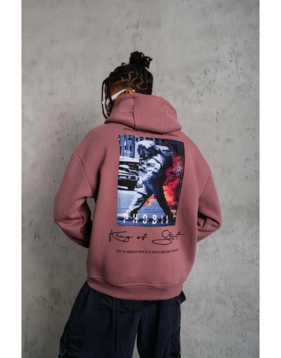 Erkek 3 İplik Pamuklu Kapüşonlu Baskılı Cepli Oversize Sweatshirt Hoodie - Gül Kurusu