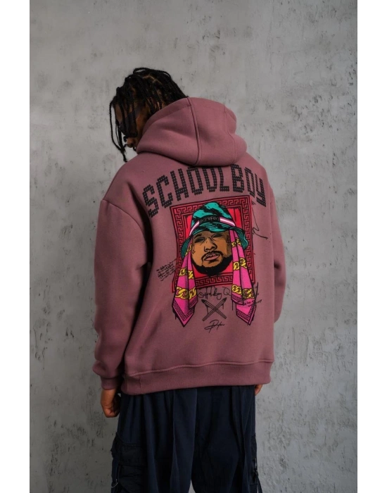 Erkek 3 İplik Pamuklu Kapüşonlu Baskılı Cepli Oversize Sweatshirt Hoodie - Gül Kurusu