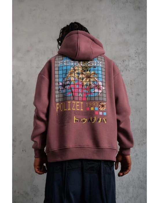 Erkek 3 İplik Pamuklu Kapüşonlu Baskılı Cepli Oversize Sweatshirt Hoodie - Gül Kurusu