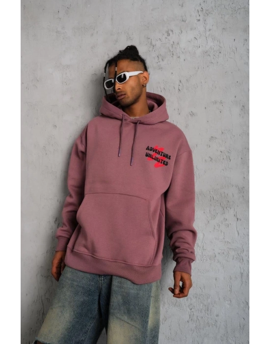 Erkek 3 İplik Pamuklu Kapüşonlu Baskılı Cepli Oversize Sweatshirt Hoodie - Gül Kurusu