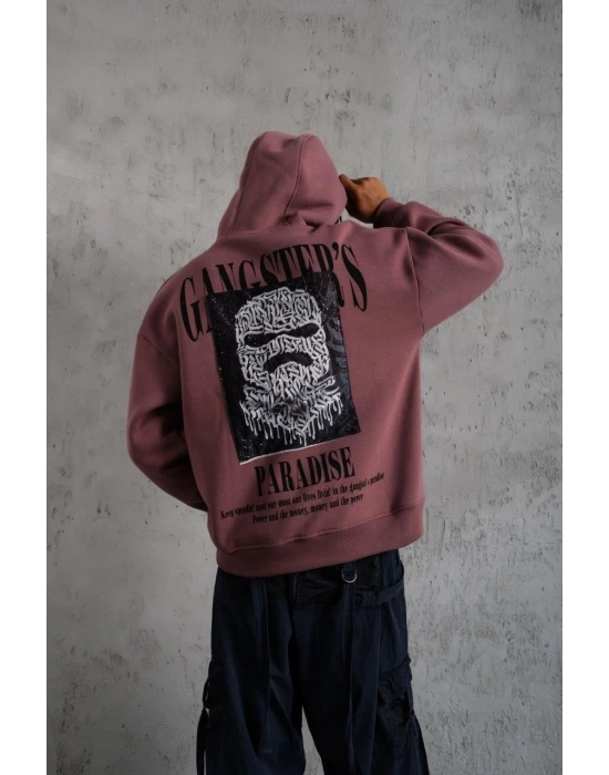 Erkek 3 İplik Pamuklu Kapüşonlu Baskılı Cepli Oversize Sweatshirt Hoodie - Gül Kurusu