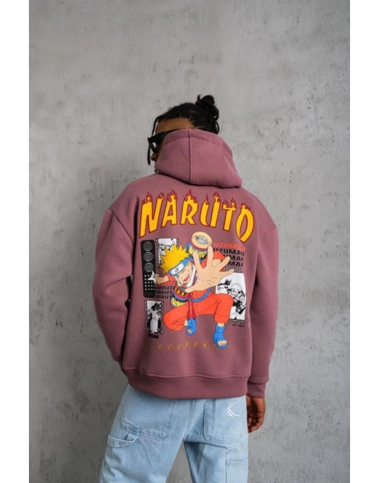 Erkek 3 İplik Pamuklu Kapüşonlu Baskılı Cepli Oversize Sweatshirt Hoodie - Gül Kurusu
