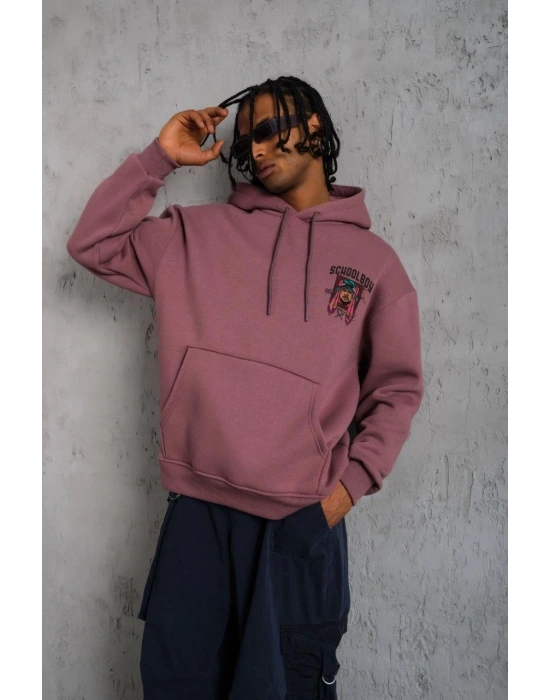 Erkek 3 İplik Pamuklu Kapüşonlu Baskılı Cepli Oversize Sweatshirt Hoodie - Gül Kurusu