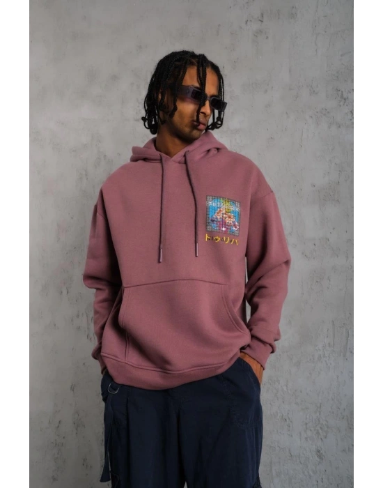 Erkek 3 İplik Pamuklu Kapüşonlu Baskılı Cepli Oversize Sweatshirt Hoodie - Gül Kurusu