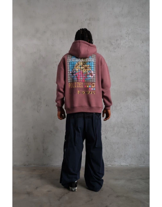 Erkek 3 İplik Pamuklu Kapüşonlu Baskılı Cepli Oversize Sweatshirt Hoodie - Gül Kurusu