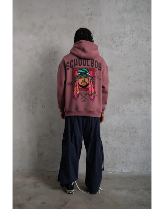 Erkek 3 İplik Pamuklu Kapüşonlu Baskılı Cepli Oversize Sweatshirt Hoodie - Gül Kurusu
