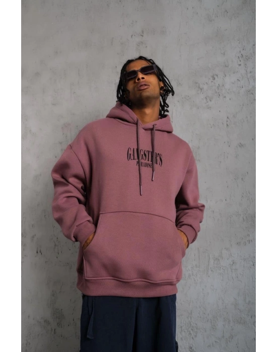 Erkek 3 İplik Pamuklu Kapüşonlu Baskılı Cepli Oversize Sweatshirt Hoodie - Gül Kurusu