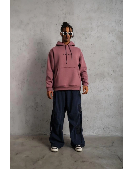 Erkek 3 İplik Pamuklu Kapüşonlu Baskılı Cepli Oversize Sweatshirt Hoodie - Gül Kurusu