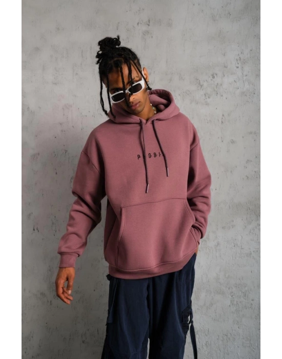 Erkek 3 İplik Pamuklu Kapüşonlu Baskılı Cepli Oversize Sweatshirt Hoodie - Gül Kurusu