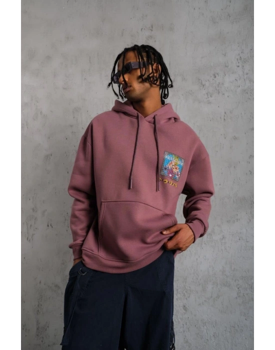 Erkek 3 İplik Pamuklu Kapüşonlu Baskılı Cepli Oversize Sweatshirt Hoodie - Gül Kurusu