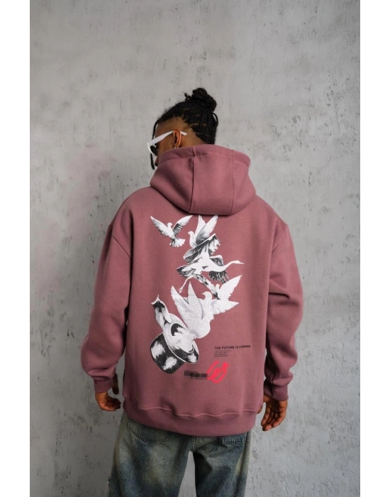 Erkek 3 İplik Pamuklu Kapüşonlu Baskılı Cepli Oversize Sweatshirt Hoodie - Gül Kurusu