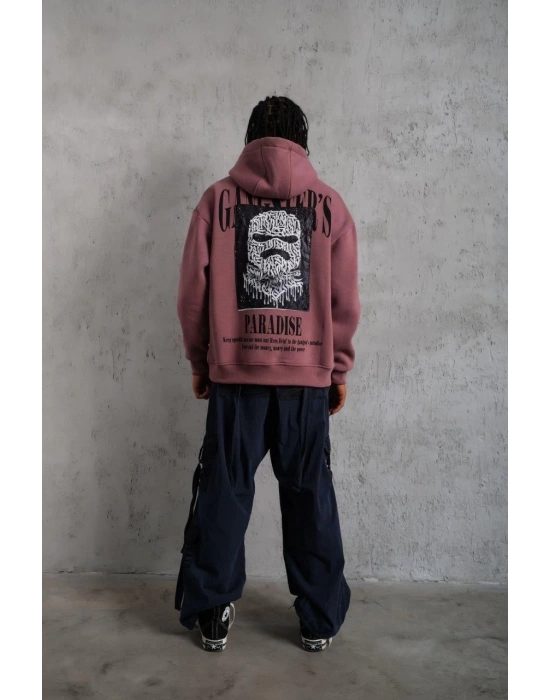 Erkek 3 İplik Pamuklu Kapüşonlu Baskılı Cepli Oversize Sweatshirt Hoodie - Gül Kurusu