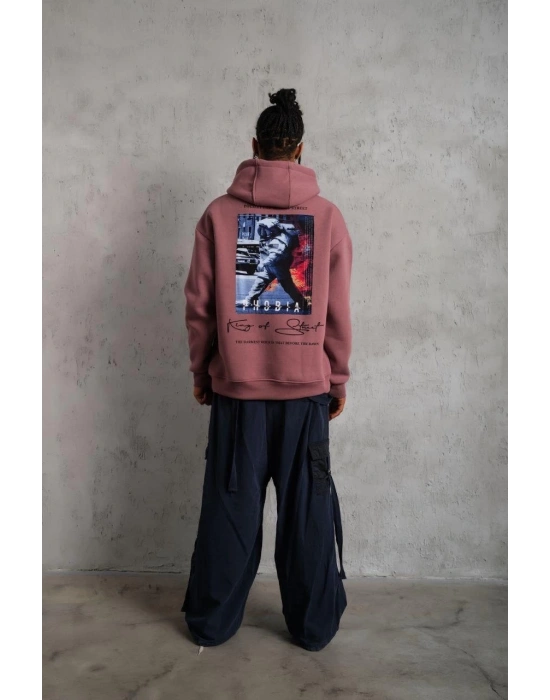 Erkek 3 İplik Pamuklu Kapüşonlu Baskılı Cepli Oversize Sweatshirt Hoodie - Gül Kurusu