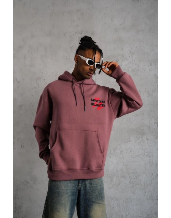 Erkek 3 İplik Pamuklu Kapüşonlu Baskılı Cepli Oversize Sweatshirt Hoodie - Gül Kurusu