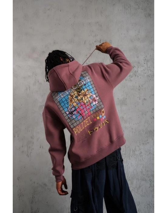 Erkek 3 İplik Pamuklu Kapüşonlu Baskılı Cepli Oversize Sweatshirt Hoodie - Gül Kurusu