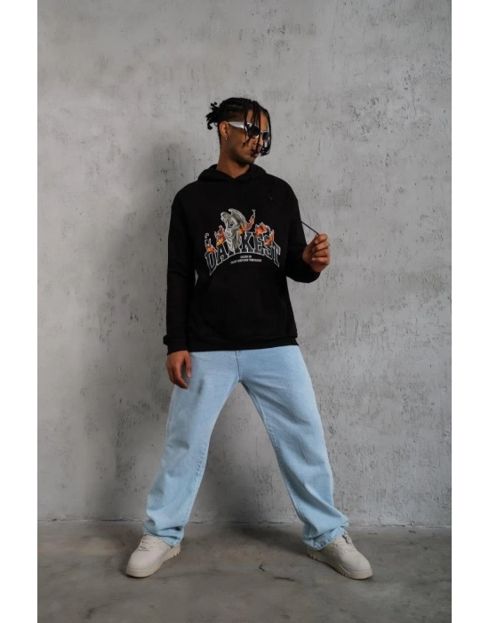 Erkek 3 İplik Pamuklu Kapüşonlu Baskılı Cepli Oversize Sweatshirt Hoodie - Siyah