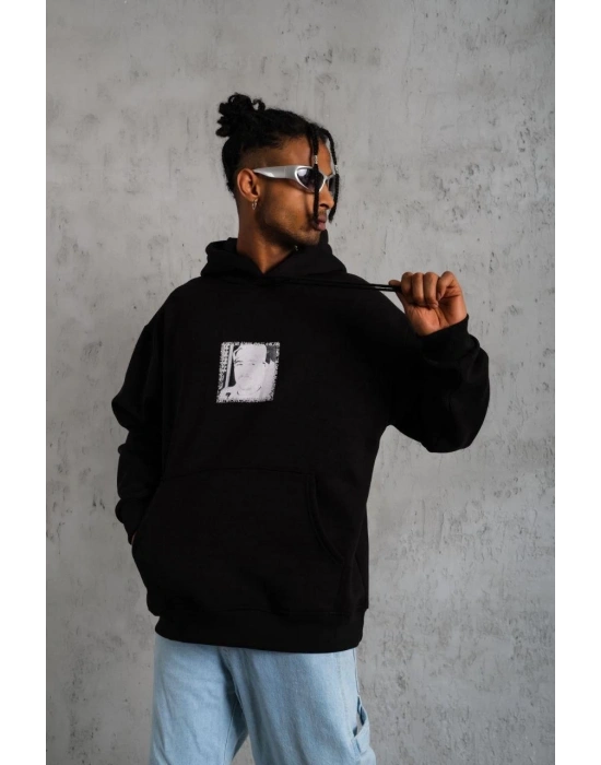 Erkek 3 İplik Pamuklu Kapüşonlu Baskılı Cepli Oversize Sweatshirt Hoodie - Siyah