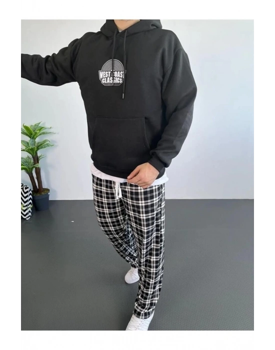 Erkek 3 İplik Pamuklu Kapüşonlu Baskılı Cepli Oversize Sweatshirt Hoodie - Siyah